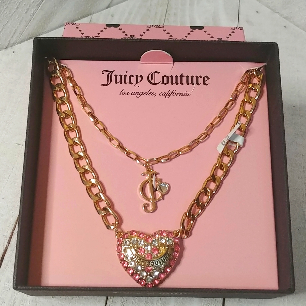 NWT Juicy Couture Pink and Gold Toned Double Strand Faux Crystal Heart Necklace